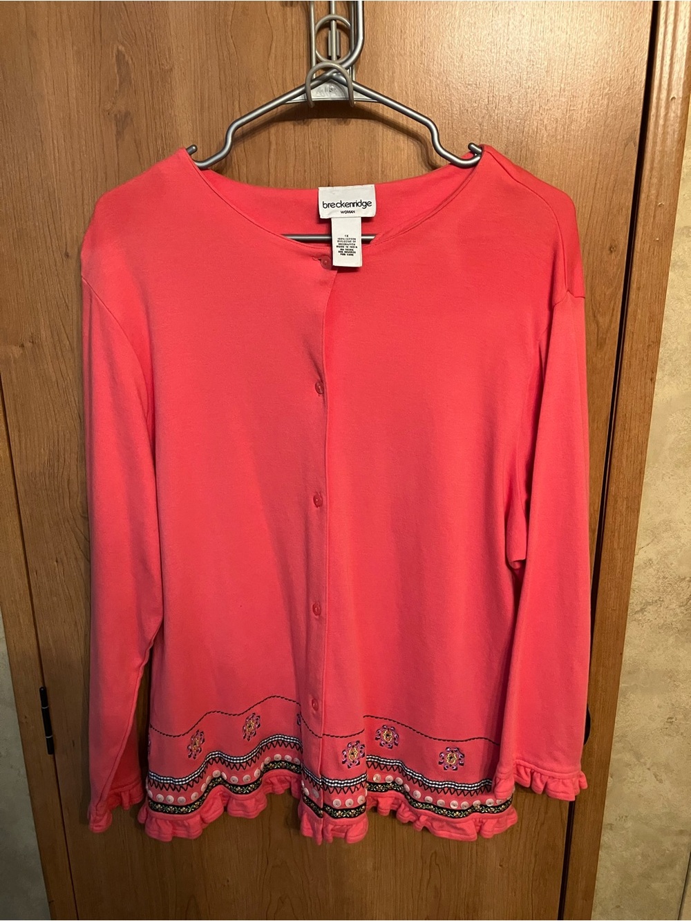 Breckenridge Vintage Coral Button-Front Top with Embroidered/ruffled Hem Size 1X
